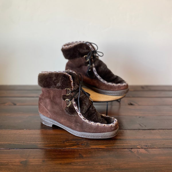 Size 7 | Vintage Snowland Mukluk 70's Snow Boots, Vintage Snowland Leather and Sherpa Lined Winter Boots Size 7