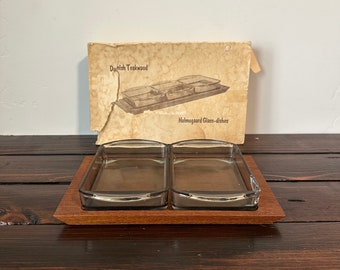 Mid Century Holmegaard Glass Dishes, Mid Century Arne Basse for Holemegaard Glass Dishes on a Teakwood Tray in Original Box