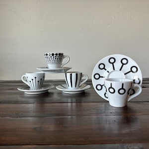 Vintage Bodum Demitasse Cups, Vintage Set of 4 Black and White Mod Bodum Demitasse Espresso Coffee Cups and Saucers