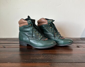 80's Laredo Performair Green Leather Boots, Laredo Lace Up Green Leather Western Ankle Boots Size 8