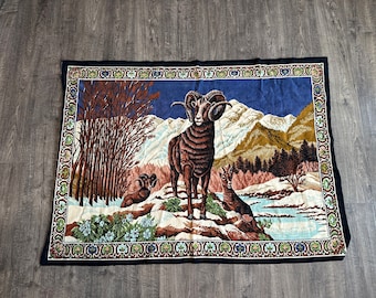 Vintage Bighorn Sheep Wall Art Tapestry, 70's Wall Tapestry, MCM Linen Wall Hanging of Bighorn Sheep