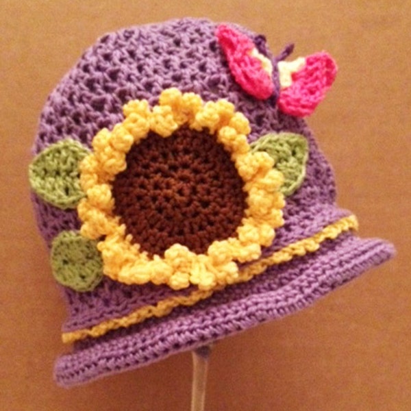 Baby/Toddler/Girl's Crochet Cloche Hat - Flapper Style - Lavender with Sunflower and Hot Pink Butterfly