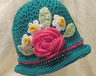 Baby/Toddler/Girl's Crochet Cloche Hat - Flapper Style - Emerald Green/Teal with Pink Rose and Yellow/White Daffodils