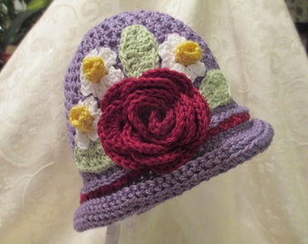 Baby/Toddler/Girl's Crochet Cloche Hat - Flapper Style - Lavender with Burgundy Rose, Yellow and White Daffodils