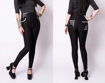 Black/white spiderweb Deadbeat pants by Putré-Fashion, psychobilly hight waist pants