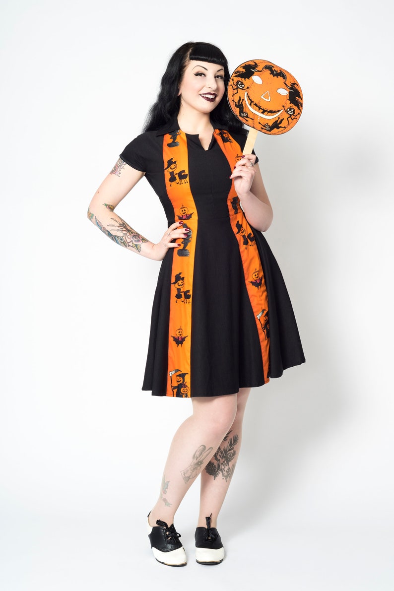 Vintage Retro Halloween Themed Clothing Black retro pumpkin Halloween bowling dress with side pockets $74.13 AT vintagedancer.com