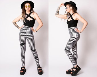 Sweet Sweet Bat Black and white stripe leggings by Putré-Fashion, stretch high waist goth leggings