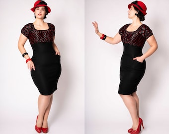 Black/red polka dot Speakeasy dress by Putré-Fashion, retro pencil dress with pockets