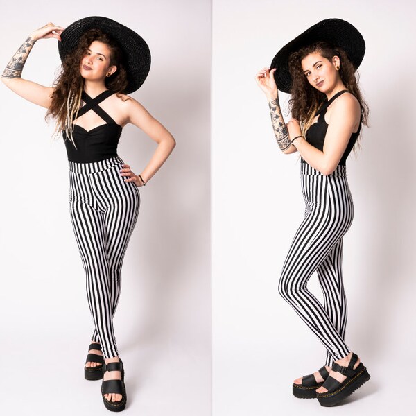 Schwarz-weiß Gestreifte Leggings von Putré-Fashion, Stretch High Waist Goth Leggings