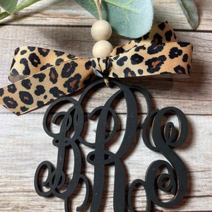 Wooden Monogram Car Charm with Leopard Bow,  Monogram Ornament,  Monogram Car Charm,  Car Accessories, Car Decor, Monogram Charm