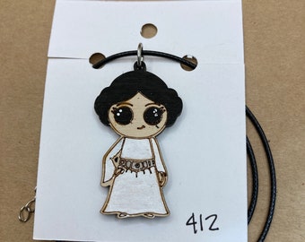 D412 Princess Leia Wooden Earrings or Necklace - Space Wars Earrings - Vacation Jewelry - Dangle Earrings - Stud Earrings