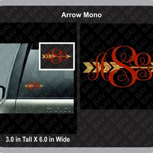 May include: A gold glitter arrow with a red monogram in the center. The arrow is 3 inches tall and 6 inches wide. The text "Arrow Mono" is visible at the top of the image.