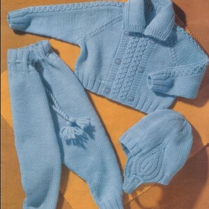 May include: A light blue knitted three-piece set consisting of a double-breasted cardigan with a collar and textured vertical panels, matching trousers with a drawstring waist and tassels, and a matching hat with ear flaps and a button closure.