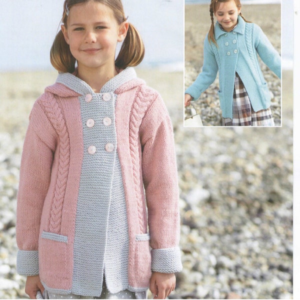 knit hooded and collared coats size 2 yrs to 13 yrs. cabled knit buttoned with pockets /OhhhBabyBaby/ vintage pattern instant download pdf