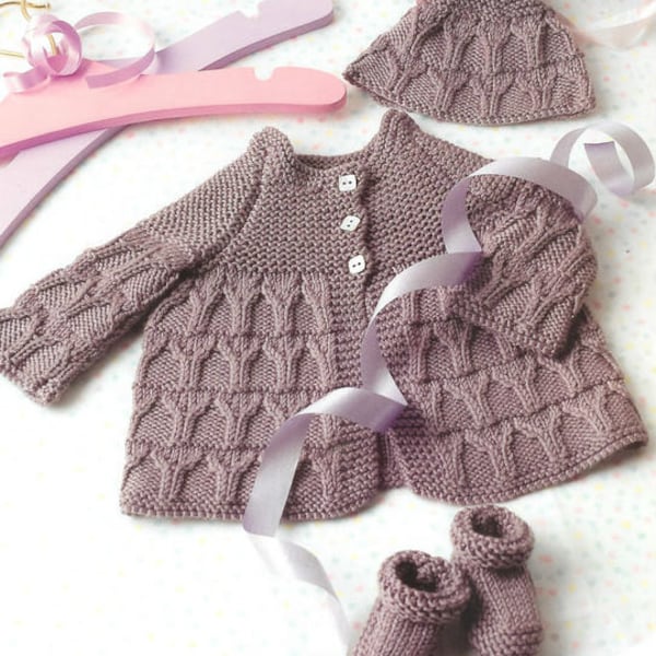 Knit Baby Matinee Coat Booties Bonnet Jacket /OhhhBabyBaby/Vintage Pattern knitting pullover hat beanie girl aran jumper pdf download