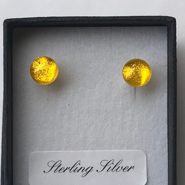 Little Bright Yellow Round Dichroic Glass Earrings with Sterling Silver 925 or Hypoallergenic Surgical Steel Ear Fittings