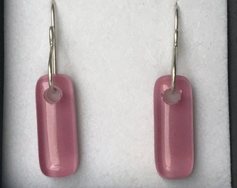 Rose Pink Fused Glass Rectangle Drop Earrings with Sterling Silver 925 Ear Wires