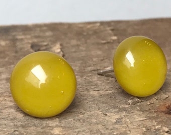 Mustard Ochre Yellow Fused Glass Stud Earrings With Sterling Silver Fittings 925 and Box