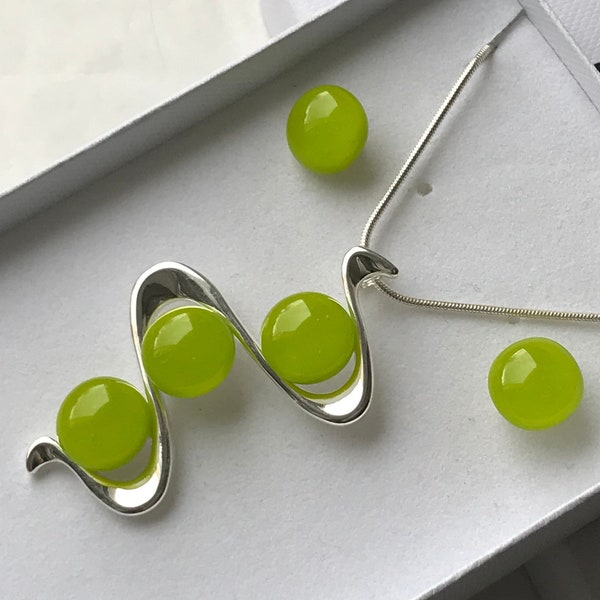 Lime Green Fused Glass Snake Pendant and Stud Earring Jewellery Set with Chain and Box