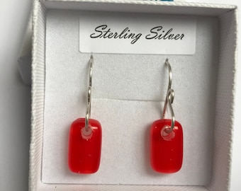 Cute Red Fused Glass Drop Earrings with Sterling Silver 925 or Hypoallergenic Surgical Steel Ear Wires