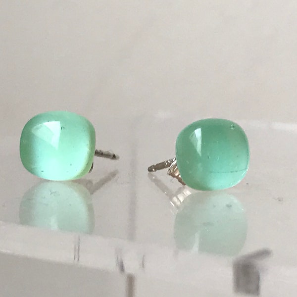 Little Mint Green Glass Stud Earrings with Sterling Silver 925 or Hypoallergenic Surgical Steel Ear Fittings