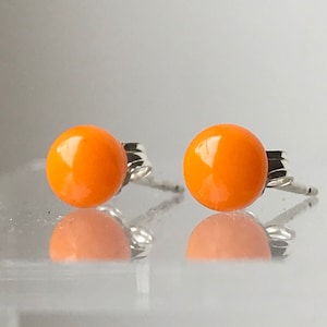Little Tangerine Orange Fused Glass Round Stud Earrings with Sterling Silver 925 or Hypoallergenic Surgical Steel Ear Fittings with Box