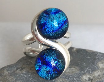 Turquoise and Sea Blue Ripple Pattern Dichroic Glass Adjustable Statement Ring
