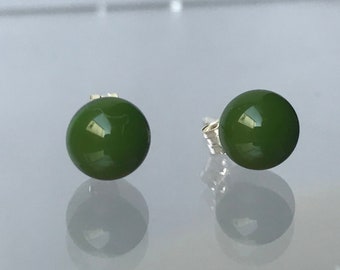 Hunters Green Fused Glass Little Stud Earrings with Sterling Silver 925 or Hypoallergenic Surgical Steel Ear Fittings