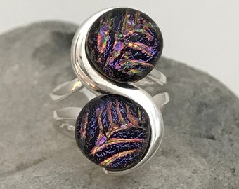 Purple Pink multicoloured Patterned Dichroic Glass Adjustable Statement Ring
