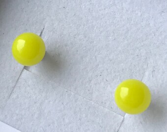 Little Sherbert Lemon Yellow Fused Glass Round Stud Earrings with Sterling Silver 925 or Hypoallergenic Surgical Steel Ear Fittings with Box