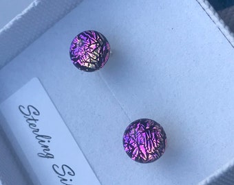 Little Orchid Pink Purple Round Dichroic Glass Stud Earrings with Sterling Silver 925 or Hypoallergenic Surgical Steel Ear Fittings and Box