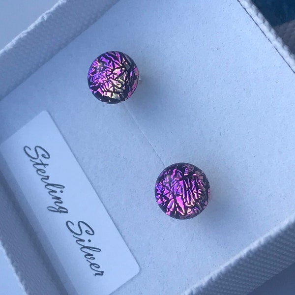 Little Orchid Pink Purple Round Dichroic Glass Stud Earrings with Sterling Silver 925 or Hypoallergenic Surgical Steel Ear Fittings and Box