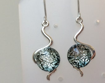 Silver Sparkle Dichroic Fused Glass S Shaped Drop Earrings with Sterling Silver 925, Surgical Steel or Clip on Ear Fittings