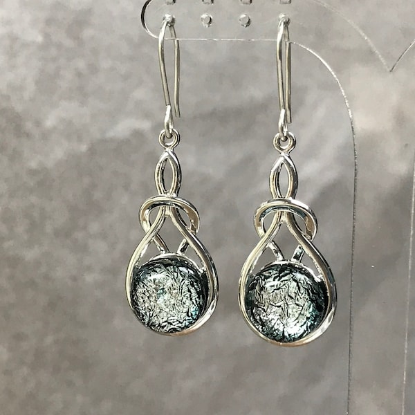 Silver Sparkle Dichroic Fused Glass Drop Earrings with 925 Sterling, Surgical Steel or Clip on Ear Fittings