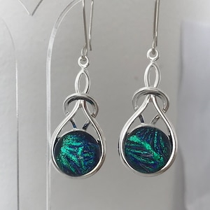 Green and Indigo Purple Abstract Patterned Dichroic Glass Drop Earrings with Sterling Silver, Surgical Steel or Clip on Fittings