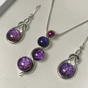 Purple Pink Mix Dichroic Glass S Shaped Pendant and Large Drop Earrings Jewellery Set with Chain and Gift Box