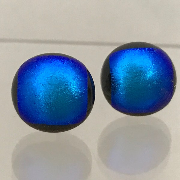 Electric Cobalt Blue Dichroic Fused Glass Stud Earrings with Sterling Silver 925 or Hypoallergenic Surgical Steel Fittings and Box