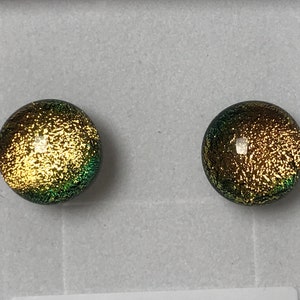 Peach Amber Green Dichroic Fused Glass Stud Earrings with 925 Sterling Silver Or Hypoallergenic Surgical Steel Fittings