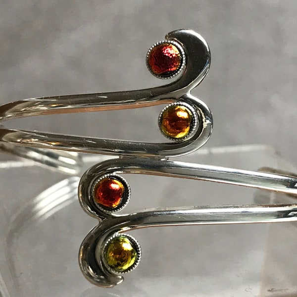 Hot Red, Orange and Gold Mix 4 Stone Dichroic Glass Adjustable Silver Plated Cuff Bangle