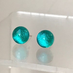 Little Shimmering Sea Green Round Dichroic Glass Stud Earrings with Sterling Silver or Hypoallergenic Surgical Steel Ear Fittings and Box