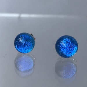 Little True Blue Round Dichroic Glass Stud Earrings with Sterling Silver 925  or Hypoallergenic Surgical Steel Ear Fittings and Box