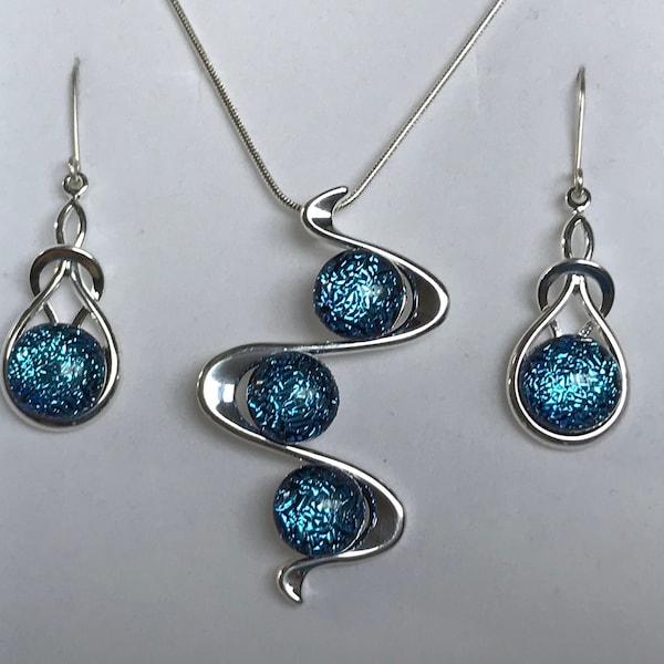 Frosty Sky Blue Dichroic Glass Pendant & Drop Earring Jewellery Set and Box