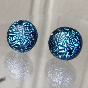 Frosty Sky Blue Round Dichroic Glass Stud Earrings with Sterling Silver 925 or Hypoallergenic Surgical Steel Ear Fittings and Box