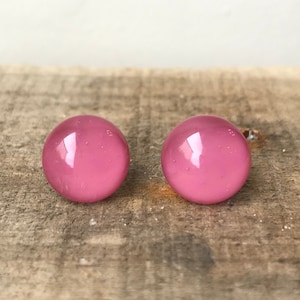 Rose Pink Round Fused Glass Stud Earrings with Sterling Silver or Hypoallergenic Surgical Steel Ear Fittings and Box
