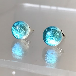Little Aqua  Blue Round Dichroic Glass Stud Earrings with Sterling Silver 925  or Hypoallergenic Surgical Steel Ear Fittings and Box