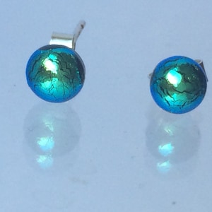 Little Shamrock Green Cyan Dichroic Fused Glass Round Stud Earrings with Sterling Silver 925 or Surgical Steel Ear Fittings