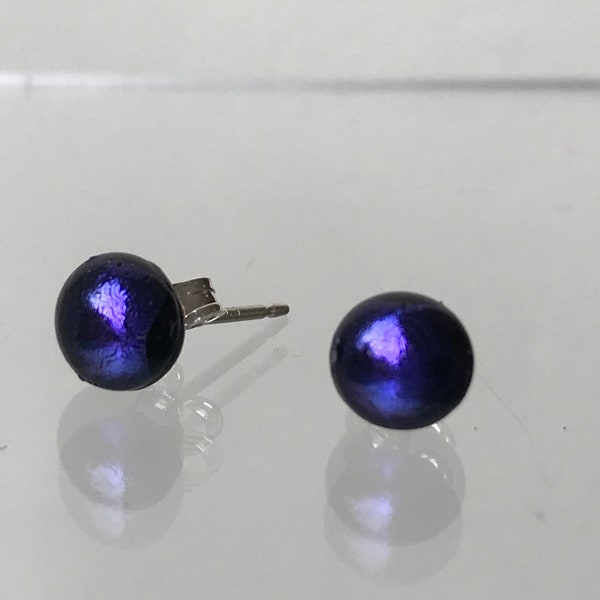 Little Ultra Violet Purple Dichroic Glass Round Stud Earrings with Sterling Silver 925 or Hypoallergenic Surgical Steel Ear Fittings
