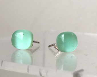 Little Mint Green Glass Stud Earrings with Sterling Silver 925 or Hypoallergenic Surgical Steel Ear Fittings