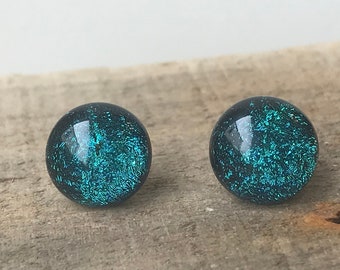 Teal Peacock Round Dichroic Stud Earrings with Sterling Silver 925 or hypoallergenic Surgical Steel 316L Fittings and Box