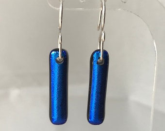 Vibrant Electric Blue Dichroic Glass Long Rectangle Earrings with Sterling Silver 925 or Surgical Steel Earwires